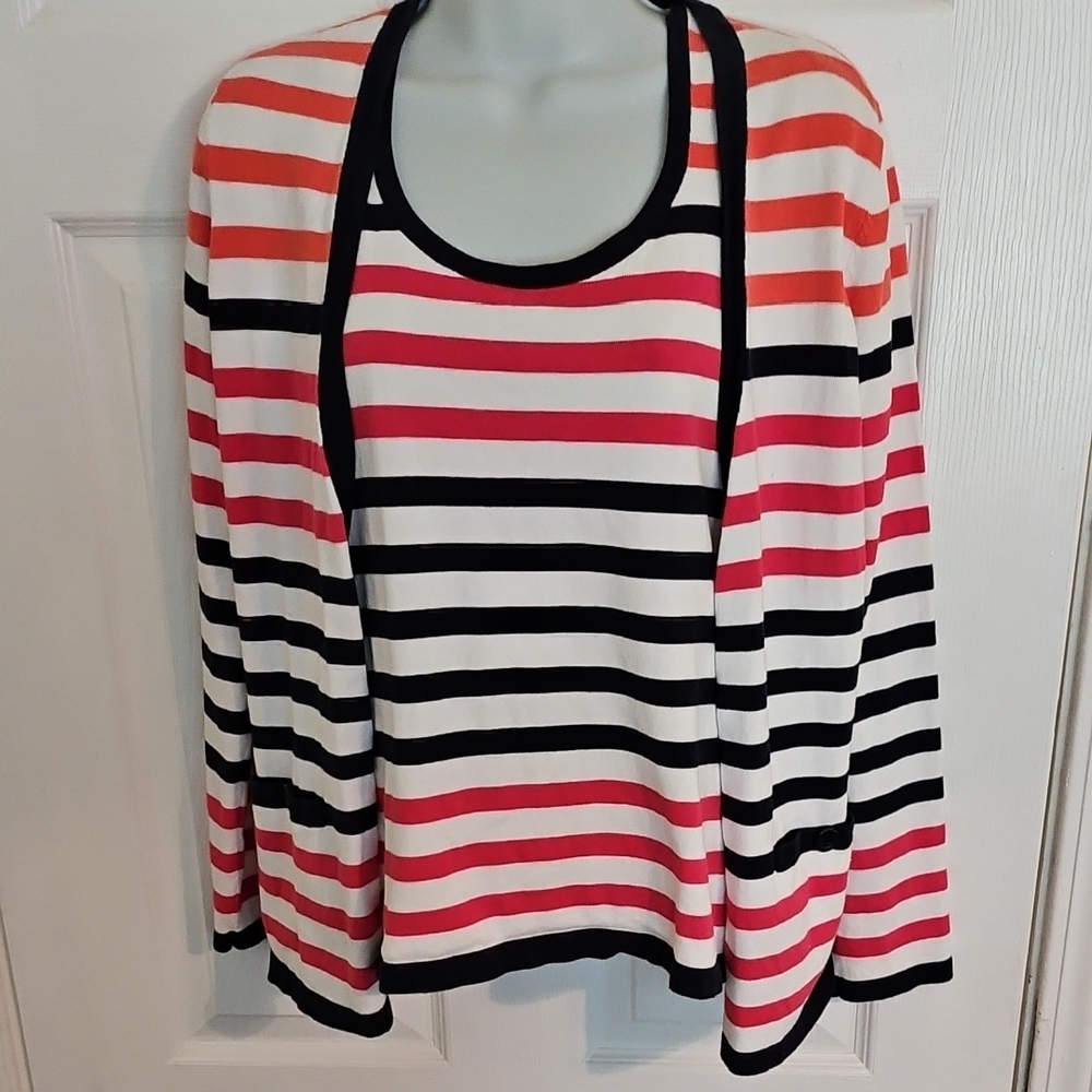 Jones New York Striped 2 Piece Blouse. Orange, Pink, White, and Navy. Size Small